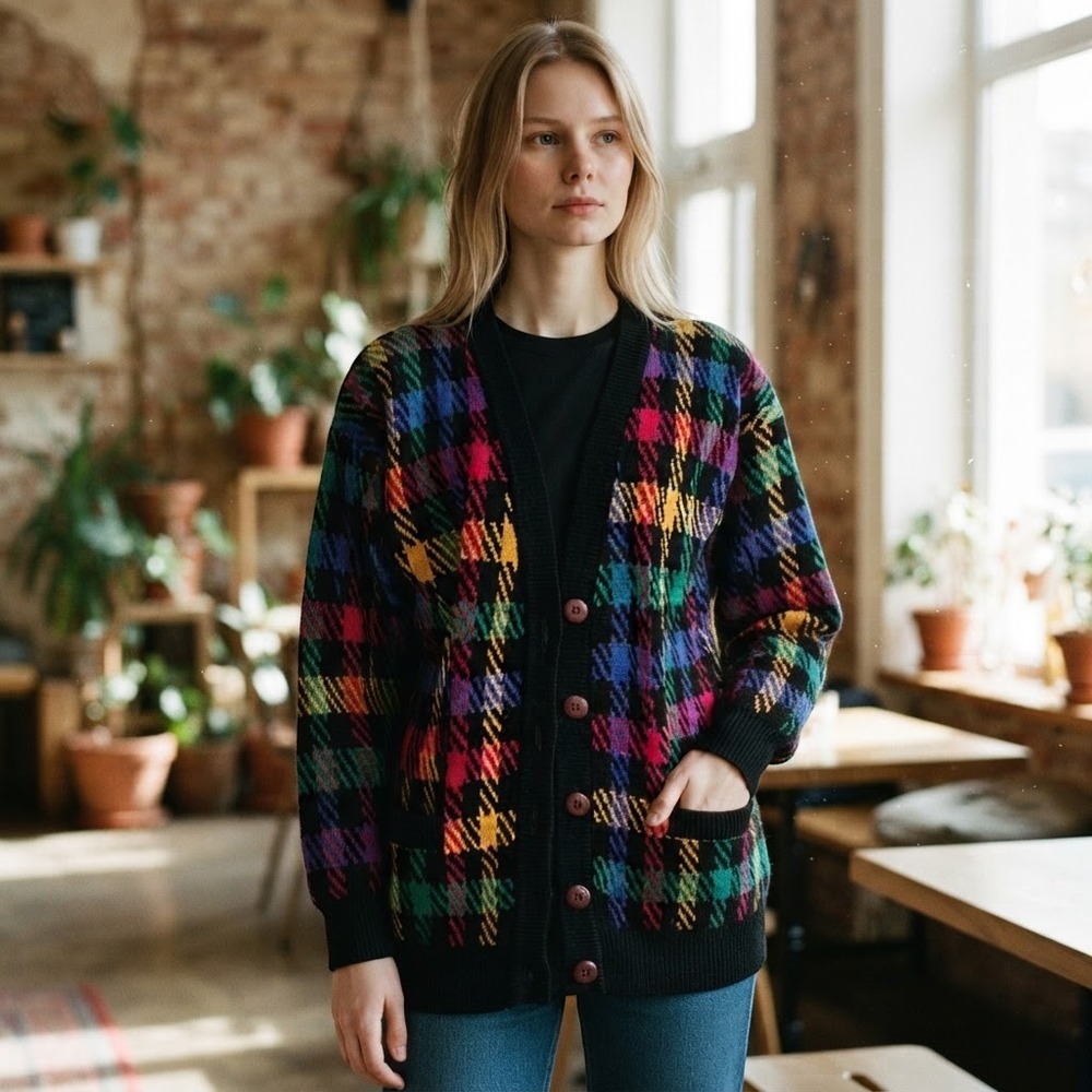 Sandra Roth Ciao Sport Vintage Rainbow Plaid Lambswool Cardigan Sweater Small